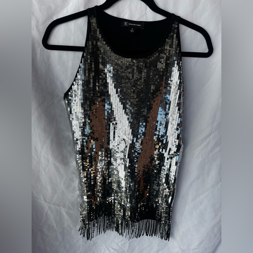 INC International Concepts Silver and Black Sequin Blouse